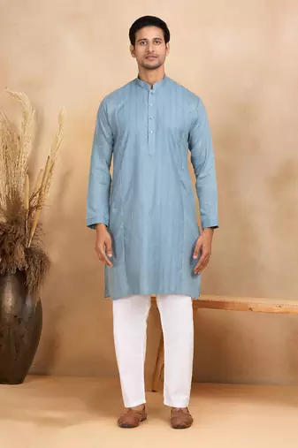 Blue Cotton Printed Kurta For Mens