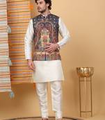 Silk blend cream kurta and churidar with paisley printed navy blue nehru jacket