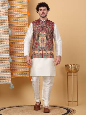 Silk blend cream kurta and churidar with paisley printed maroon nehru jacket 1