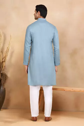 Blue Cotton Printed Kurta For Mens