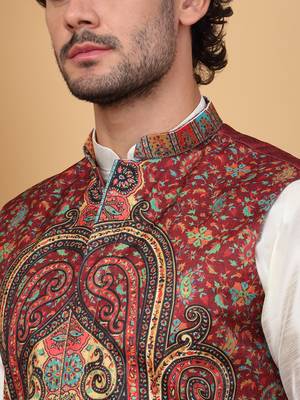 Silk blend cream kurta and churidar with paisley printed maroon nehru jacket 2