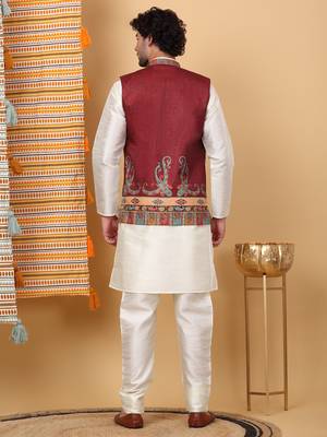 Silk blend cream kurta and churidar with paisley printed maroon nehru jacket 3