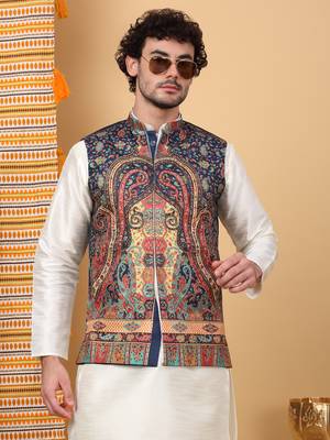 Silk blend cream kurta and churidar with paisley printed navy blue nehru jacket 4
