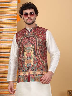 Silk blend cream kurta and churidar with paisley printed maroon nehru jacket 4