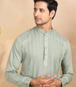 Green cotton printed kurta for mens