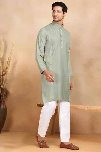 Green cotton printed kurta for mens