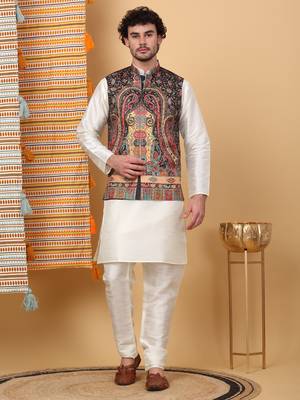 Silk blend cream kurta and churidar with paisley printed black nehru jacket 1