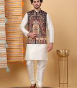 Silk blend cream kurta and churidar with paisley printed black nehru jacket