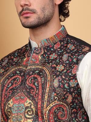 Silk blend cream kurta and churidar with paisley printed black nehru jacket 2