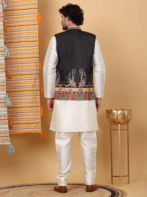 Silk blend cream kurta and churidar with paisley printed black nehru jacket 3
