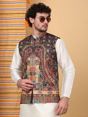Silk blend cream kurta and churidar with paisley printed black nehru jacket 4