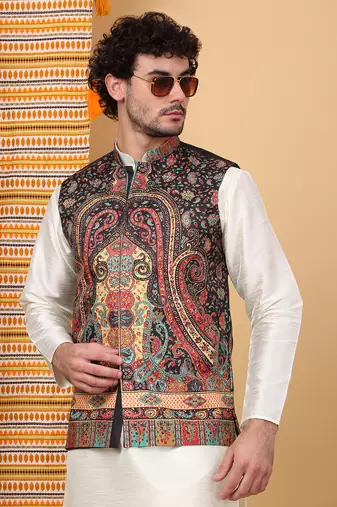 Silk blend cream kurta and churidar with paisley printed black nehru jacket