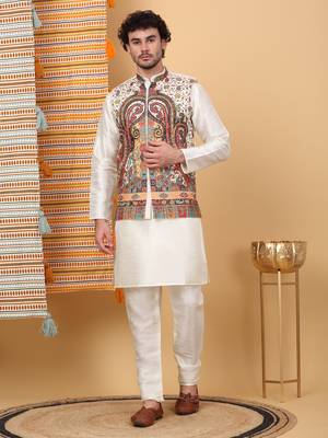 Silk blend cream kurta and churidar with paisley printed cream nehru jacket 1