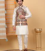 Silk blend cream kurta and churidar with paisley printed cream nehru jacket