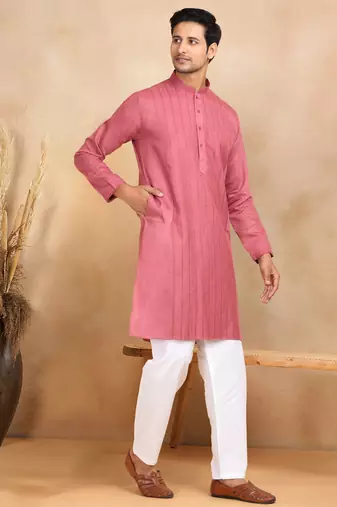 Pink cotton printed kurta for mens