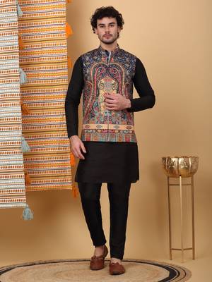 Silk blend black kurta and churidar with paisley printed navy blue nehru jacket 1