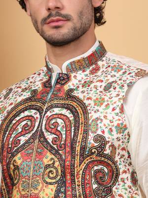 Silk blend cream kurta and churidar with paisley printed cream nehru jacket 2