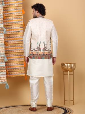 Silk blend cream kurta and churidar with paisley printed cream nehru jacket 3