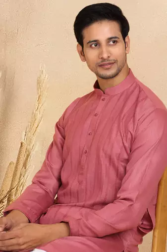 Pink cotton printed kurta for mens