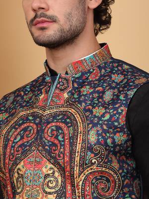 Silk blend black kurta and churidar with paisley printed navy blue nehru jacket 2