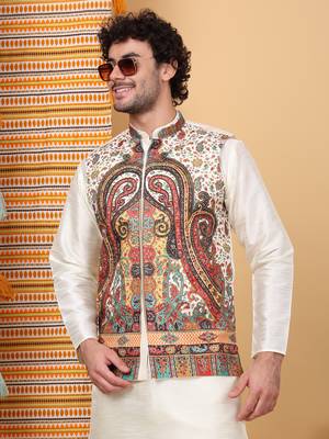 Silk blend cream kurta and churidar with paisley printed cream nehru jacket 4