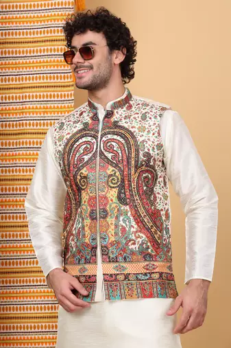 Silk blend cream kurta and churidar with paisley printed cream nehru jacket