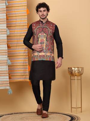 Silk blend black kurta and churidar with paisley printed maroon nehru jacket 1