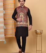 Silk blend black kurta and churidar with paisley printed maroon nehru jacket