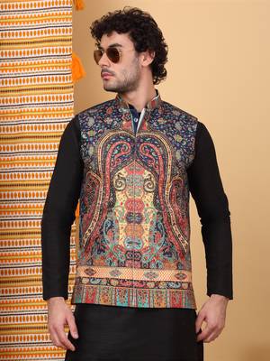 Silk blend black kurta and churidar with paisley printed navy blue nehru jacket 4