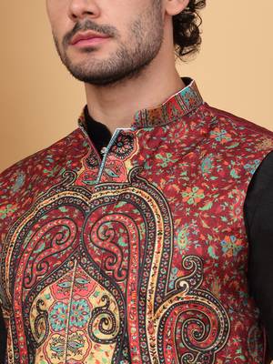 Silk blend black kurta and churidar with paisley printed maroon nehru jacket 2