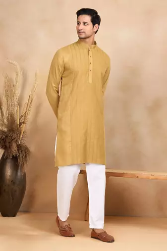 Yellow cotton printed kurta for mens