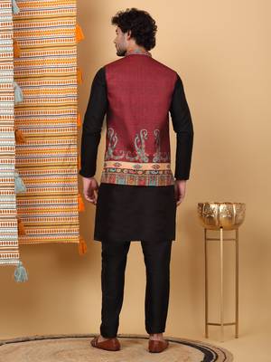 Silk blend black kurta and churidar with paisley printed maroon nehru jacket 3