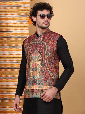 Silk blend black kurta and churidar with paisley printed maroon nehru jacket 4