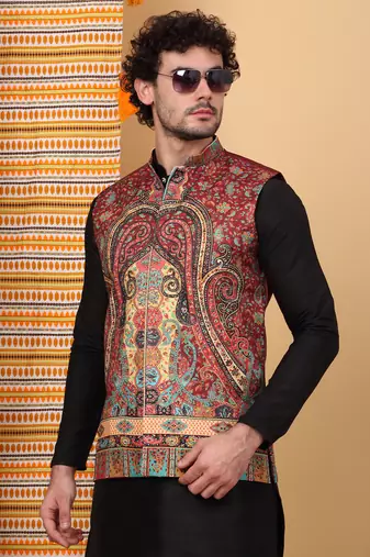 Silk blend black kurta and churidar with paisley printed maroon nehru jacket