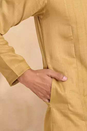 Yellow cotton printed kurta for mens