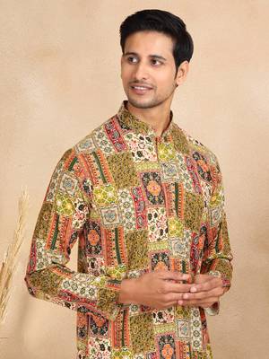 Ethnic motifs printed rayon green kurta 4