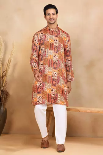 Ethnic motifs printed rayon orange kurta