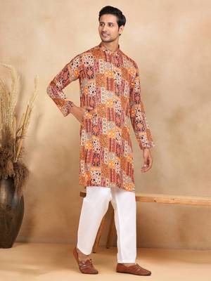 Ethnic motifs printed rayon orange kurta 4