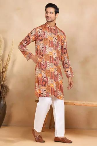 Ethnic motifs printed rayon orange kurta