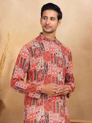 Ethnic motifs printed rayon red kurta 1