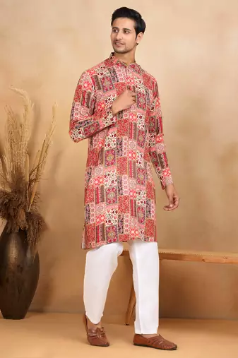 Ethnic motifs printed rayon red kurta
