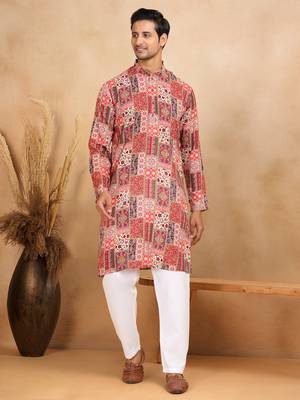 Ethnic motifs printed rayon red kurta 4