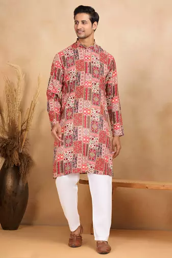 Ethnic motifs printed rayon red kurta