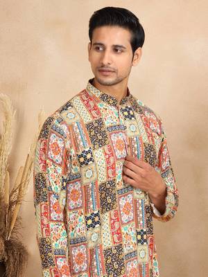 Ethnic motifs printed rayon yellow kurta 1