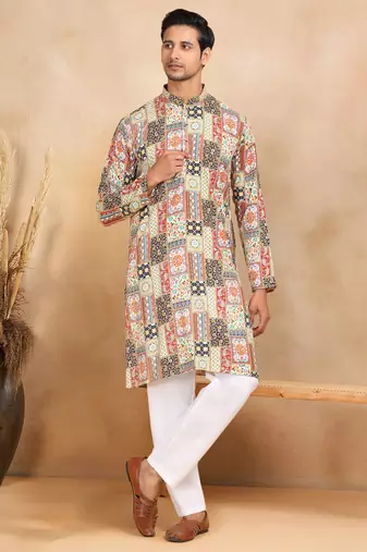 Ethnic motifs printed rayon yellow kurta
