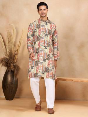 Ethnic motifs printed rayon yellow kurta 4