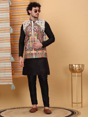 Silk blend black kurta and churidar with paisley printed cream nehru jacket 1