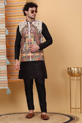 Silk blend black kurta and churidar with paisley printed cream nehru jacket