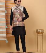 Silk blend black kurta and churidar with paisley printed cream nehru jacket