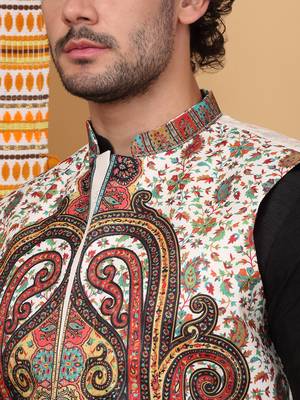 Silk blend black kurta and churidar with paisley printed cream nehru jacket 2